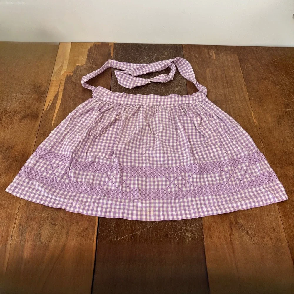 Vintage Purple Gingham Half Apron Hand Embroidered Chicken Scratch Cross Stitch